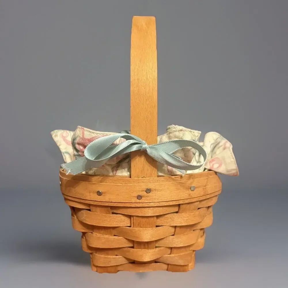 VTG 1993 Longaberger Small Square Handle Basket Bows Floral Liner Signed